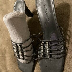 Metaphor Black Strappy Heels with Rhinestones